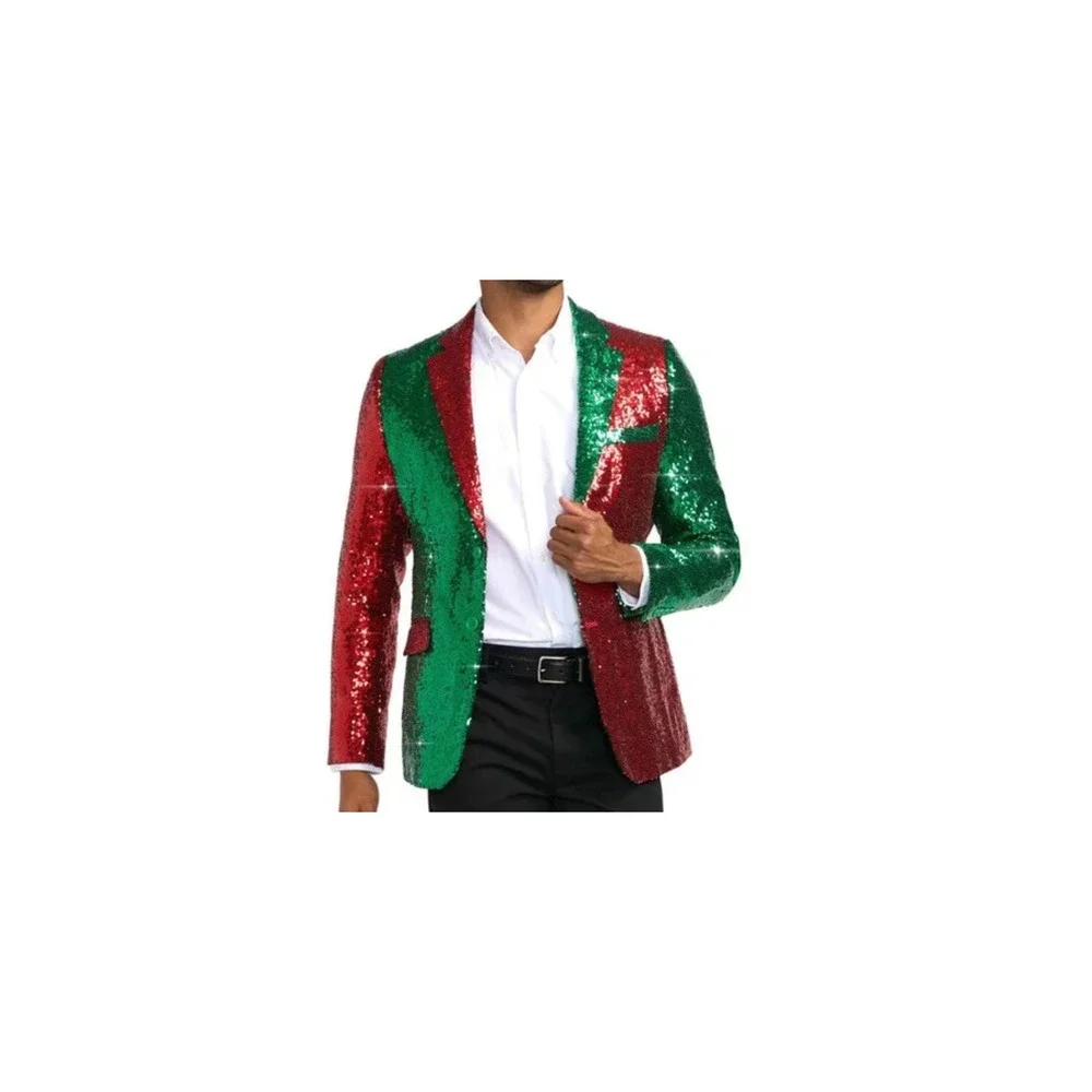 Mens Red Green Sequin Holiday Blazer Christmas Party Sport Coat Two Tone Jacket